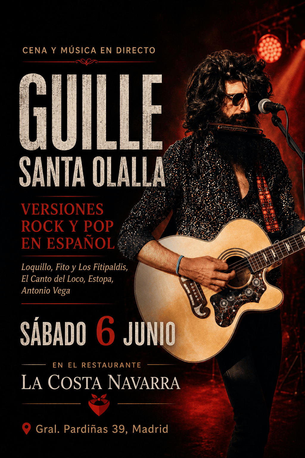 Cartel del evento musical Cena & Pop-Rock en Directo con Guille Santa Olalla en el asador La Costa Navarra, Madrid